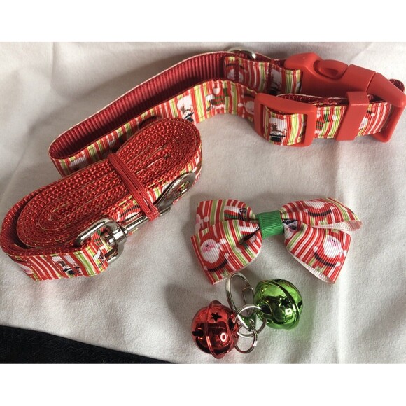 Dog Christmas Collar and Leash Set Bells and Bowtie  1 Inch Wide (10"-16", Red) - Picture 1 of 6